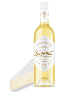 a bottle of Linganore Winecellars Chardonnay sits next to a brie cheese wedge