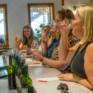 Group of women doing a wine tasting at the Linganore Winecellars tasting room bar